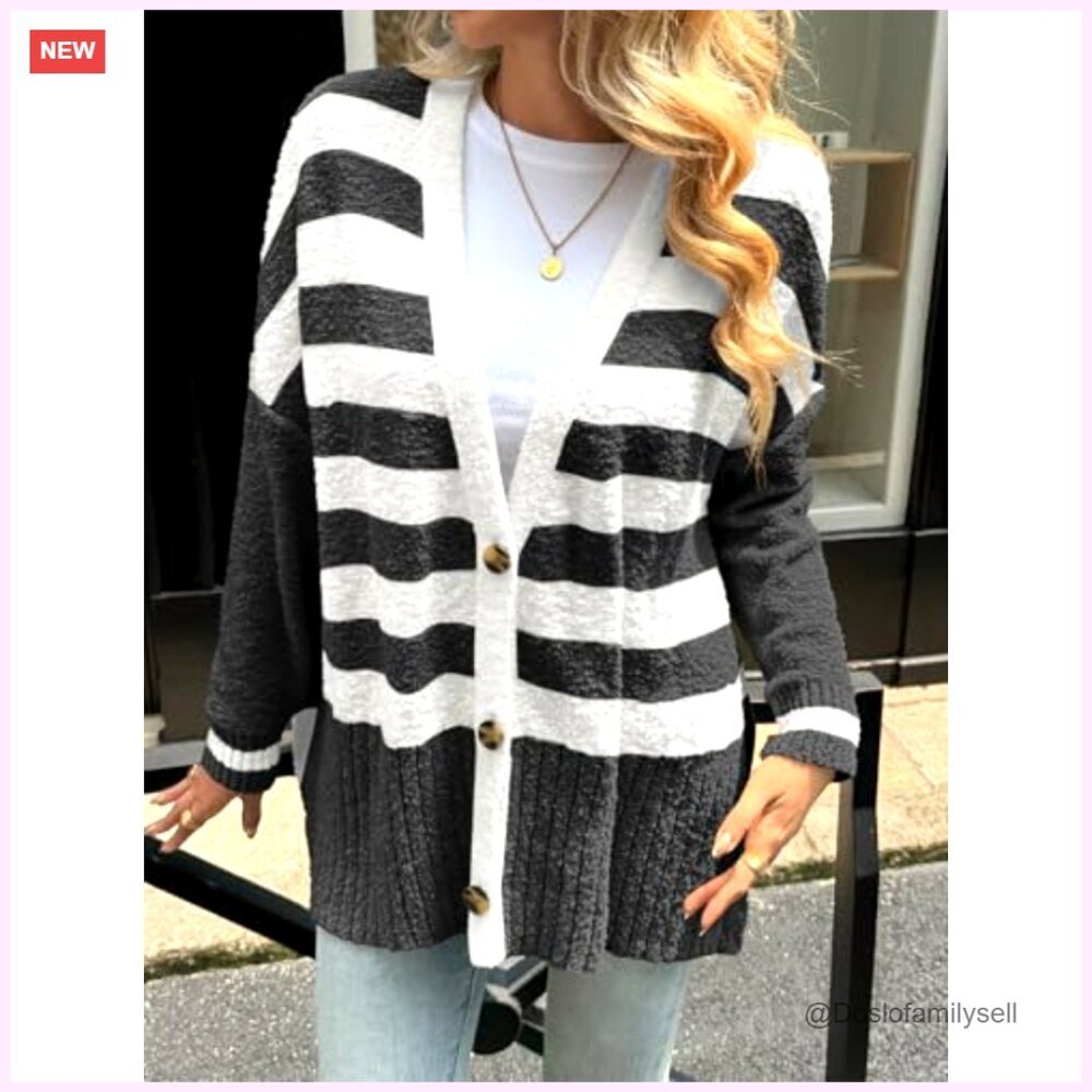 Oversized Fuzzy Knit Cardigan, V-Neck Button Up, Side Slit, Fall Winter Sweater - Picture 2 of 7